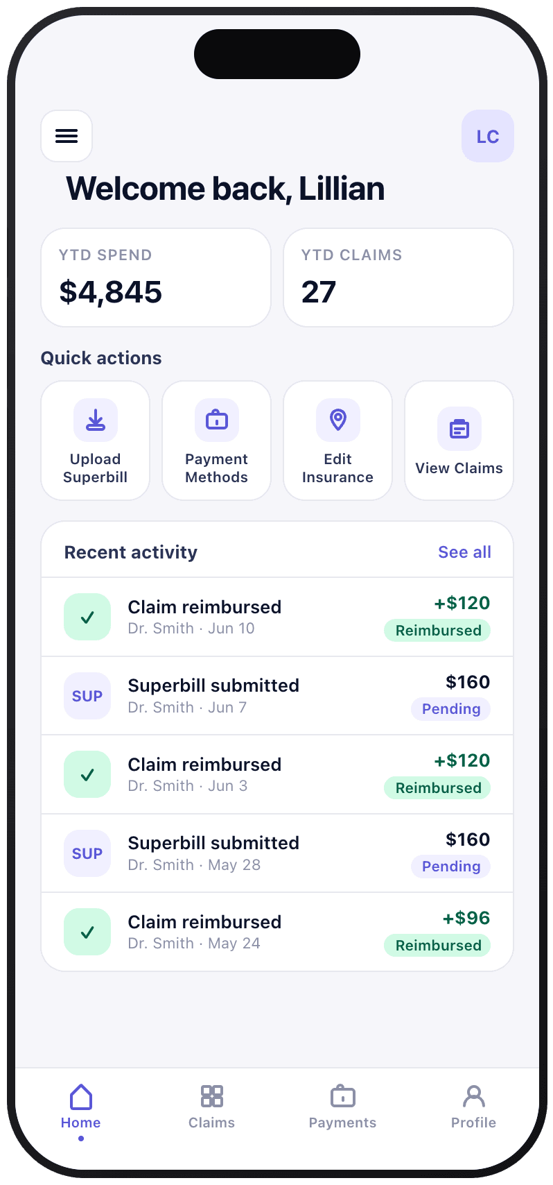 Thrizer client portal home screen showing spend, claims, quick actions, and recent activity.
