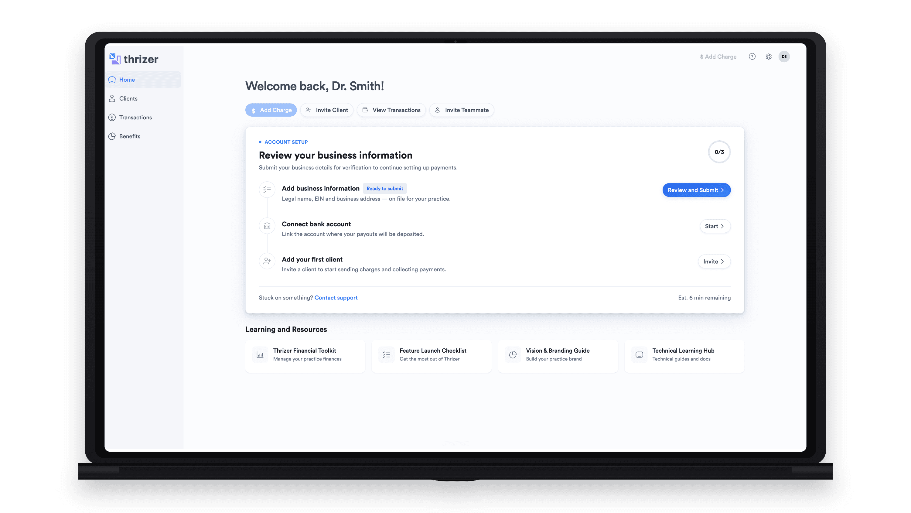 Thrizer create practice flow for setting up a provider profile.