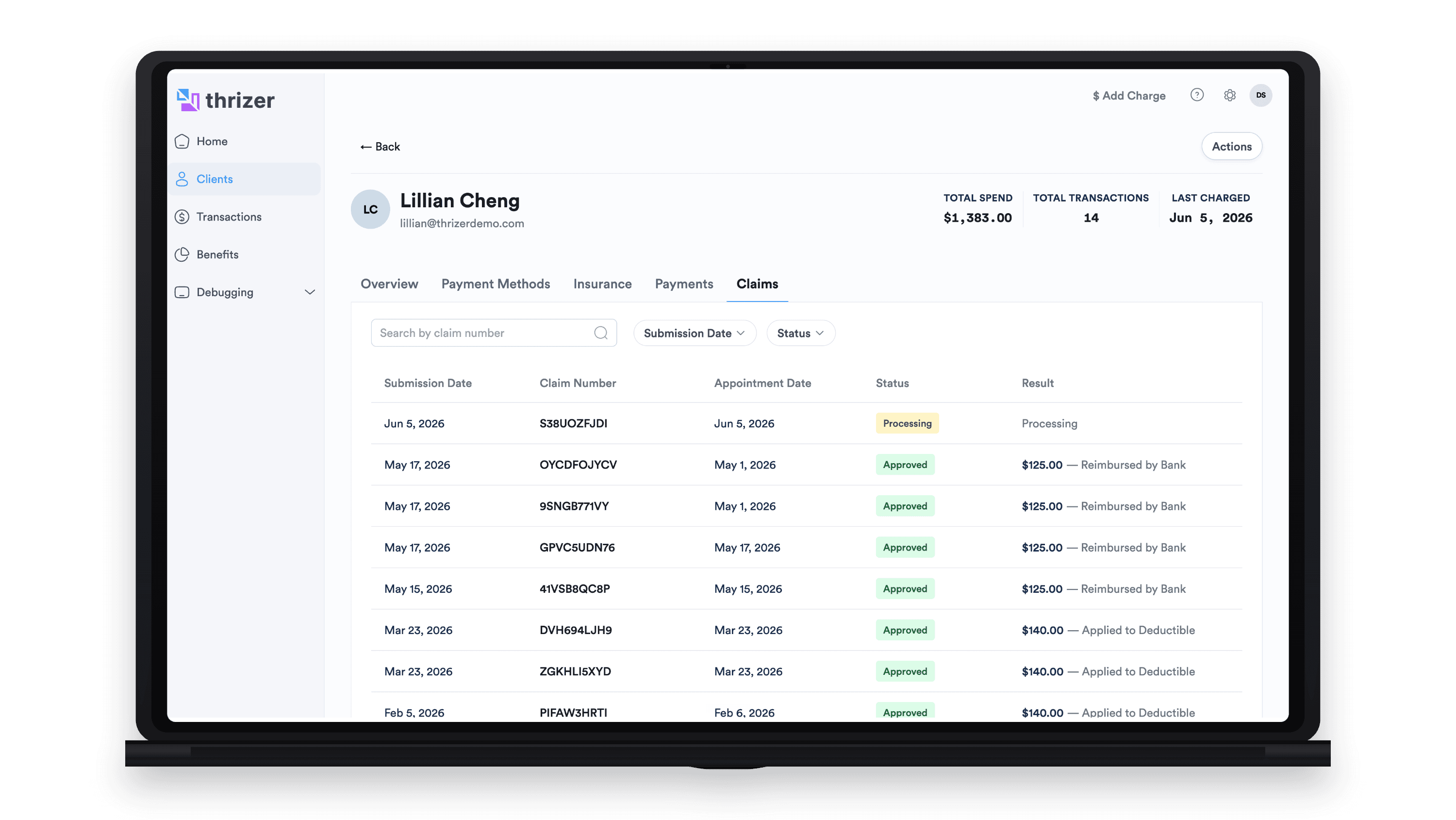 Thrizer claims view for automating out-of-network billing.